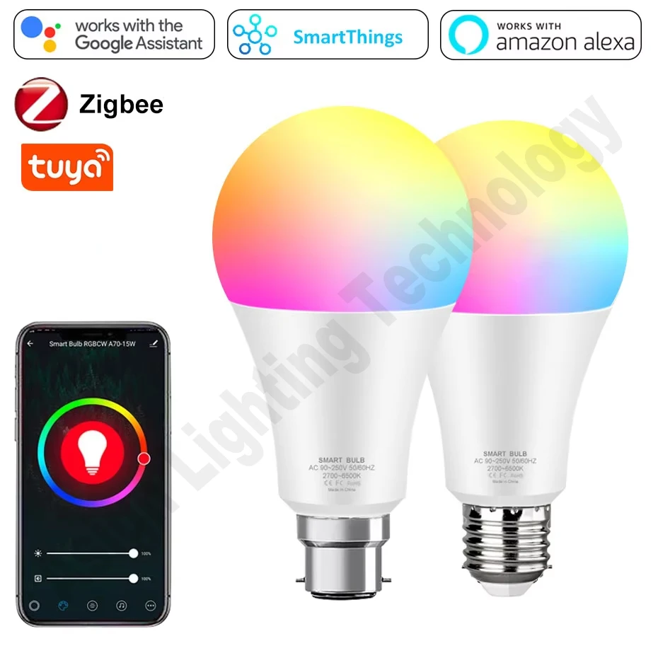 Zigbee Tuya Smart Bulb LED E27 Light Bulbs 18W B22 RGB Color Changing Dimmable Magic Lamp Work With Alexa Google Home Assistant