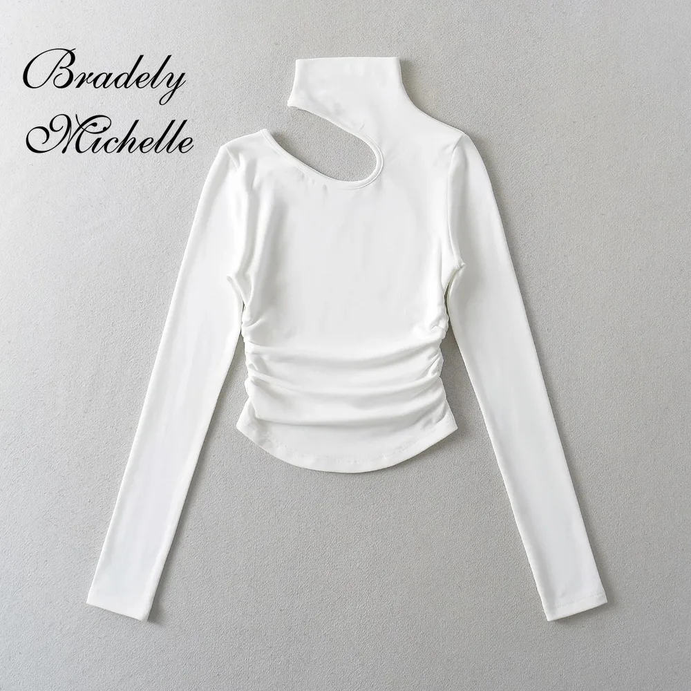 Shoulder Hollow Irregular High Collar Spring Women Long Sleeve Tops Sexy Pullover Solid Bottoming Blouses T-shirt