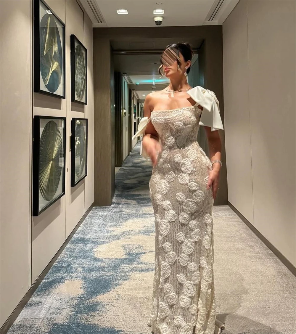 ชุดราตรีผ้าออร์แกนซ่าสีเบจเรียบง่ายแบบสั่งตัด ชุดออกงานแบบไหล่เดียวไม่มีแขน ชุดงานเลี้ยงรับปริญญาทรงเมอร์เมดผ้าเนื้อนุ่ม ประดับโบว์ ชุดราตรีแบบดารา