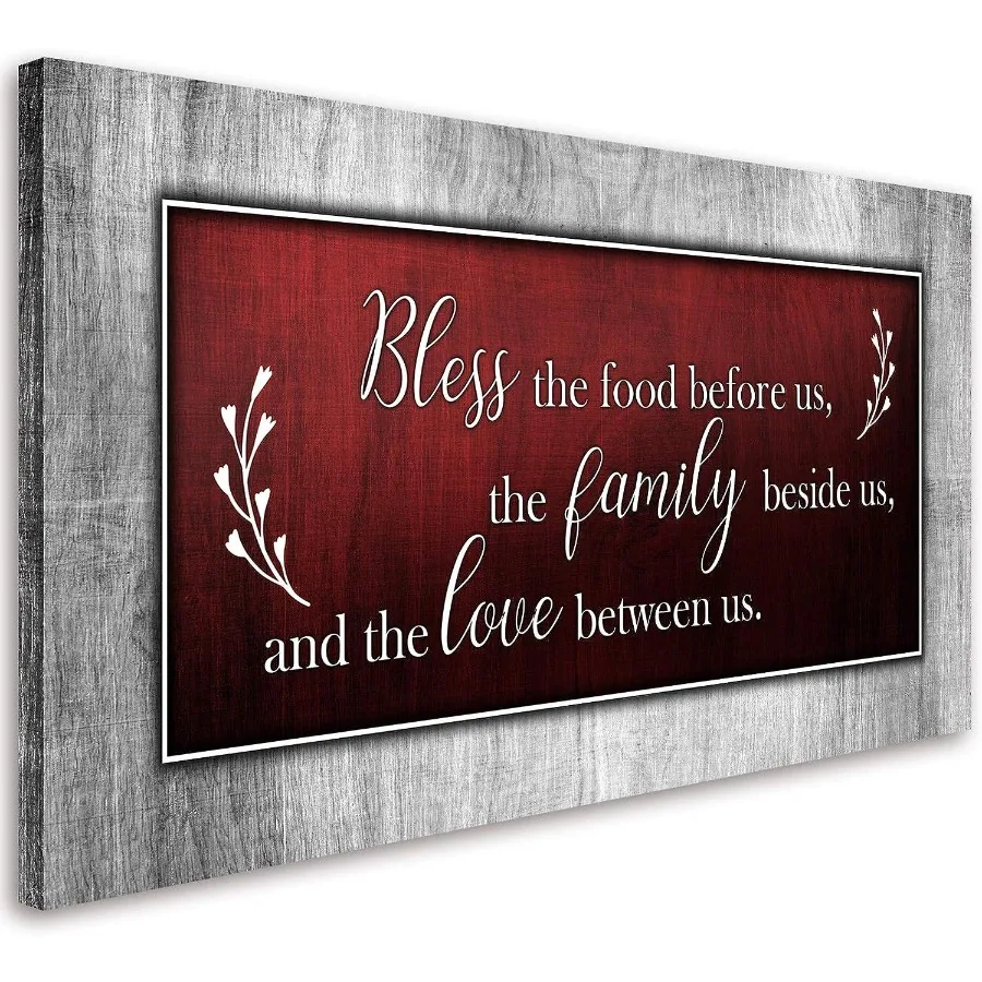 

Motivational Quotes Christian Wall Art Red and Grey Canvas Prints Bless The Food Quote Wall Pictures Framed Artwork for Home Li
