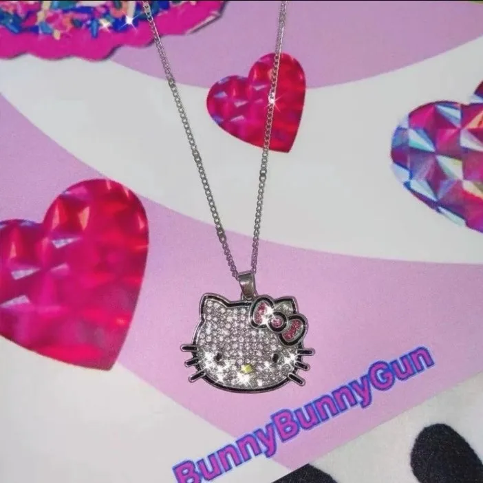 Y2k HelloKittys Sanrios Necklace with Chain Alloy Silver Crystal Female Charm Rhinestone Goth Pendant Jewelry Valentine Day Gift