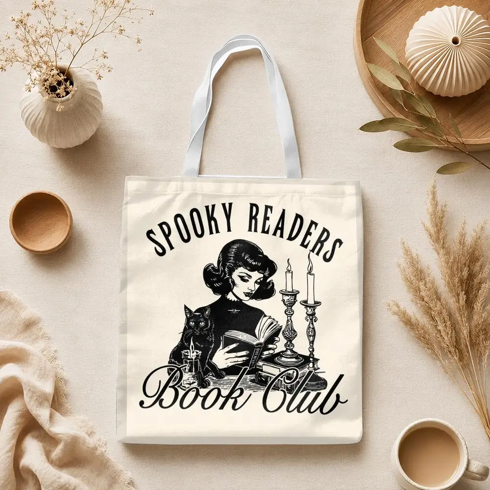Retro Spooky Readers Storage Bags Canvas Tote Bag Large Capacity Shoulder Bag Eco-Friendly Reusable Casual Handbag