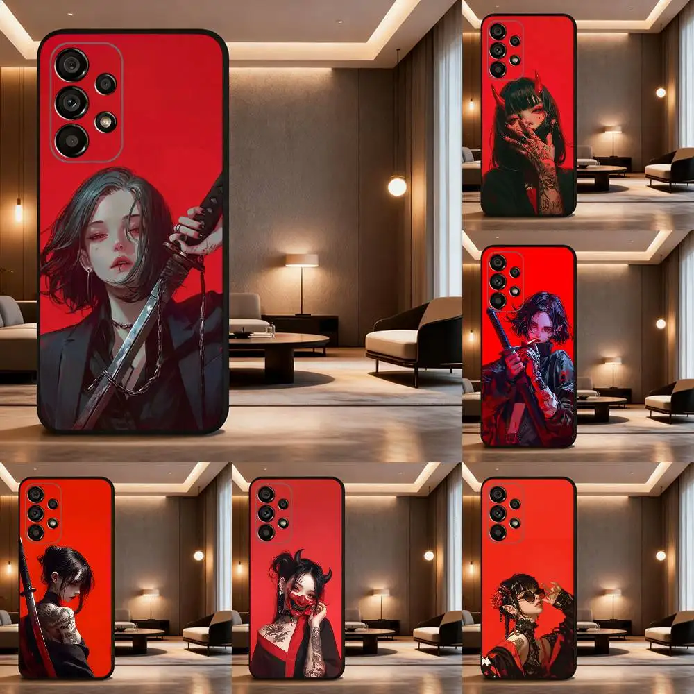 Japanese Warrior Woman Cool Phone Case For Samsung Galaxy A73,31,8,9,53,32,72,41,J7,52,71,22,Note Soft Black Silicone Cover