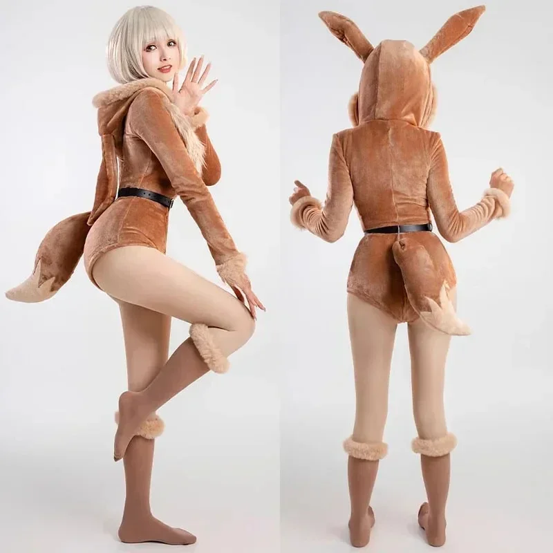 

Anime Eevee Cosplay Costume Women Sexy Flannel Hooded Bodysuit Socks Suit Bunny Girl Cute Cartoon Plush Pajamas Jumpsuit Uniform