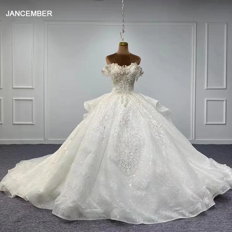 Jancember gaun pernikahan elegan Flash Sale untuk wanita 2024 pengantin Organza Cap lengan kristal Lace Up Robe De mariee MN04