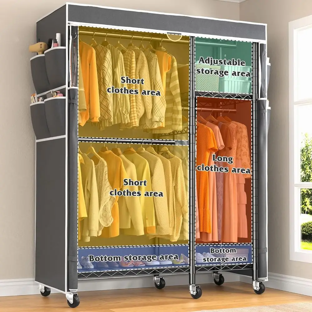 Clothes Rack with Cover, Rolling Portable Closet, 4 Hanging Zones | Heavy Duty, Tool-ree Assembly, Adjustable Shelves, Lockable