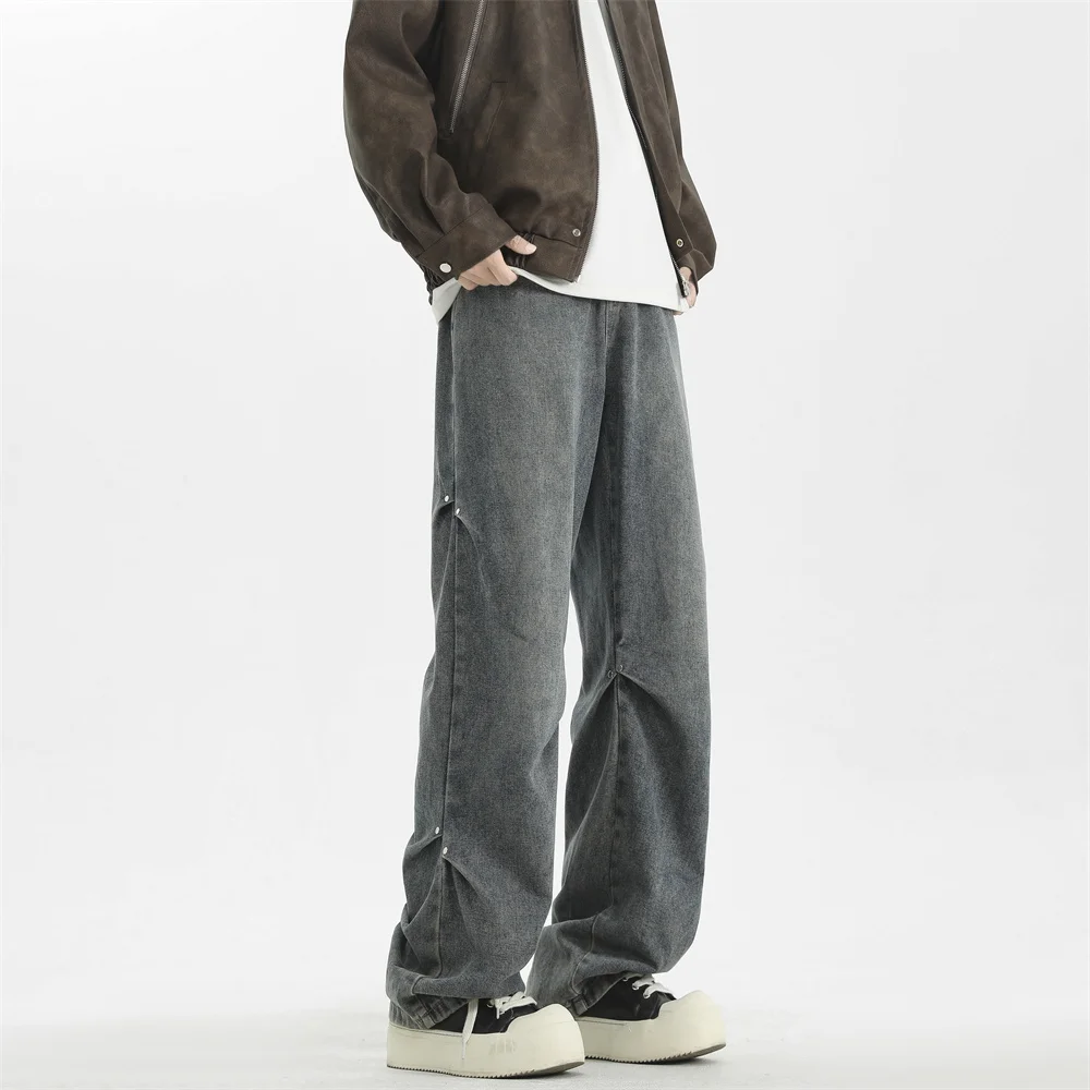 Celana Jeans Baggy Panjang Model High Street untuk Pria, Celana Denim Kasual Kaki Lebar, Celana Jeans Korea Streetwear Longgar Model Straight-leg