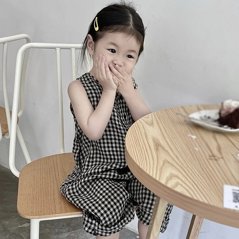 Girls Beach Strap Jumpsuit Girls Summer Children's Pants Skin Friendly Breathable Plaid Printed Pants