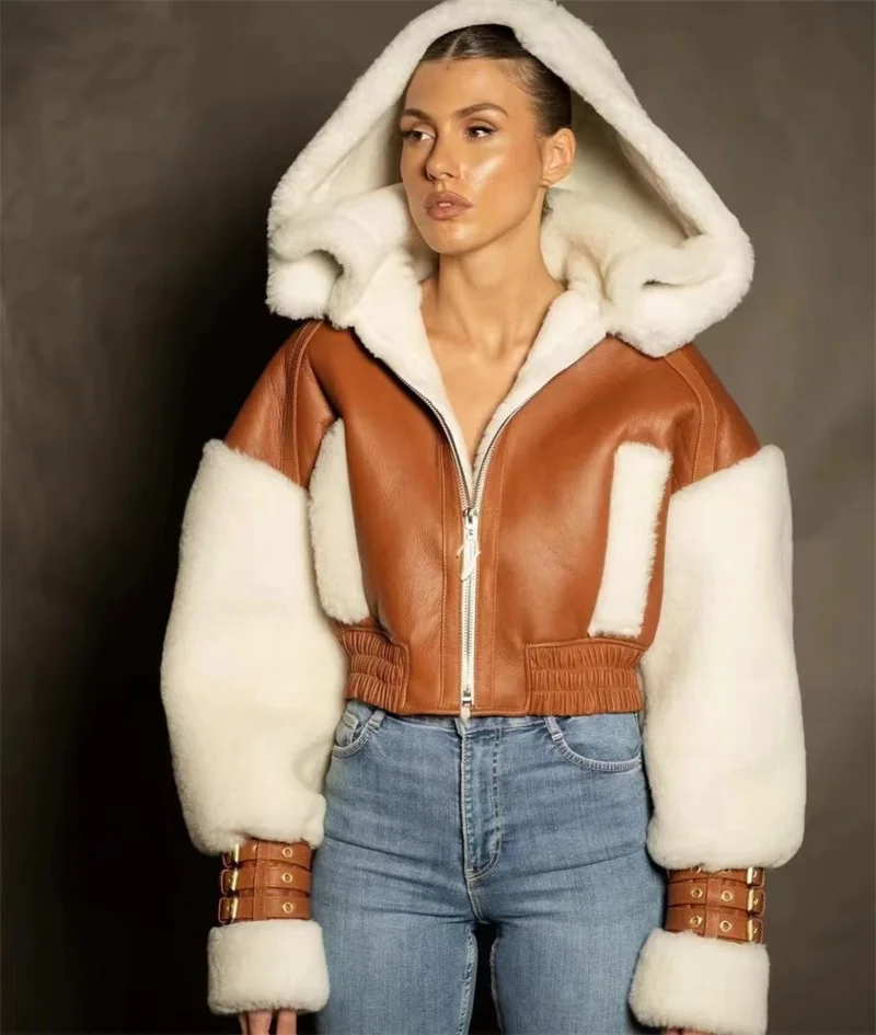 

American Vintage Women Hooded Coat Splicing Leather Fur Short Jacket Unique Contrast Color With Zipper Tops New Arrival In Stock