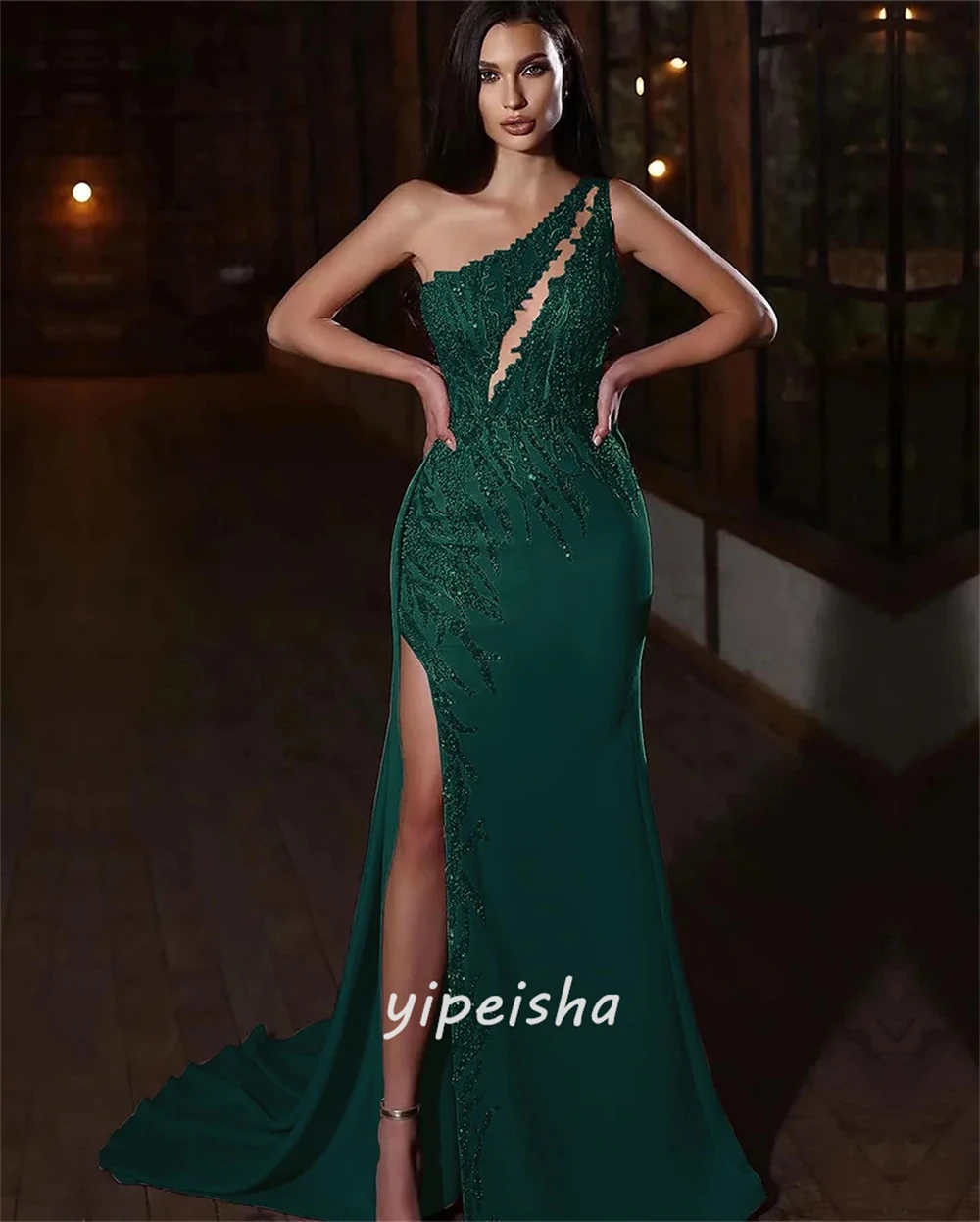 Maßgeschneiderte komplizierte exquisite Jersey-Perlen-Pailletten-Meerjungfrau-Cocktailkleider One-Shoulder-lange Kleider Abendkleider Sexy – Detail 4