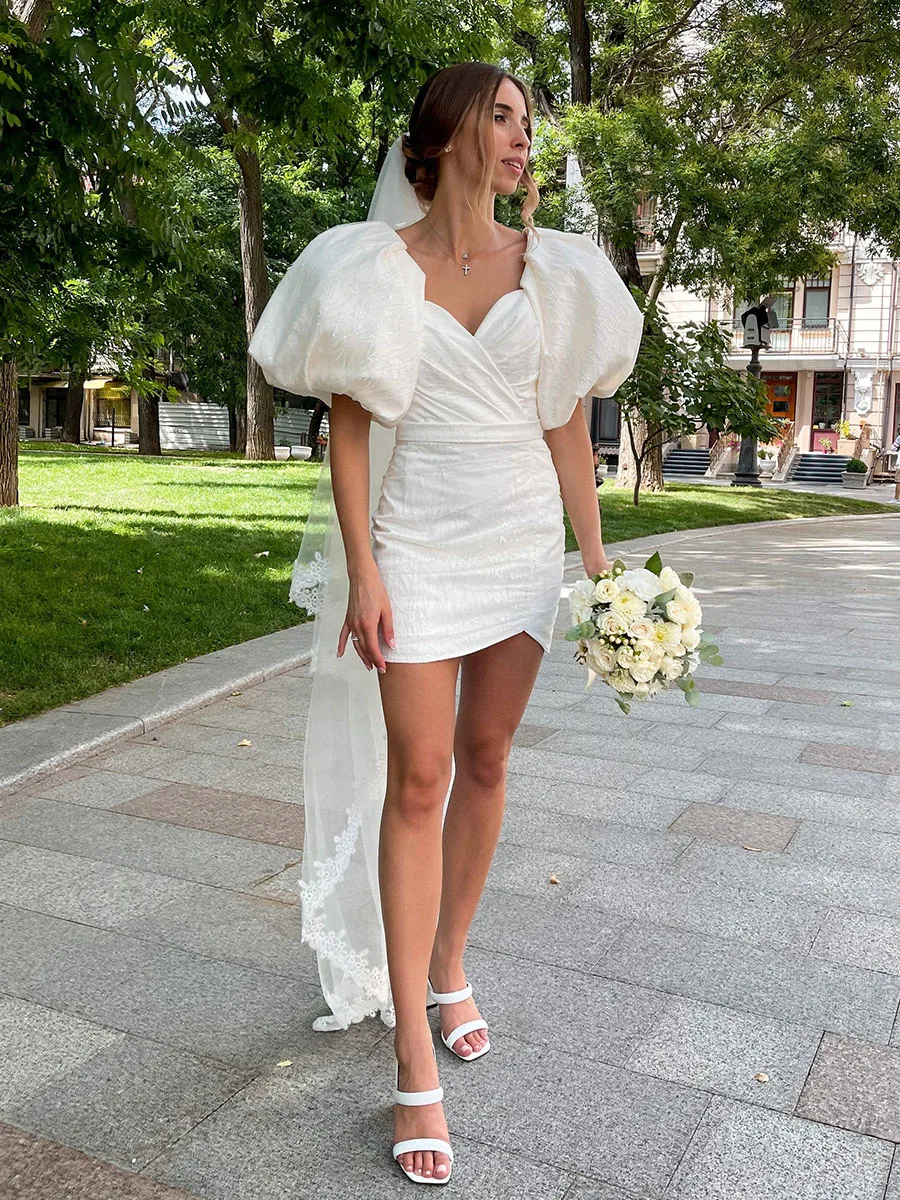 Lace Little White Wedding Dresses Puff Sleeevs Sheath Bride Dress Lace Up V-Neck Sexy Dresses For Women 2023 Robe De Mariee