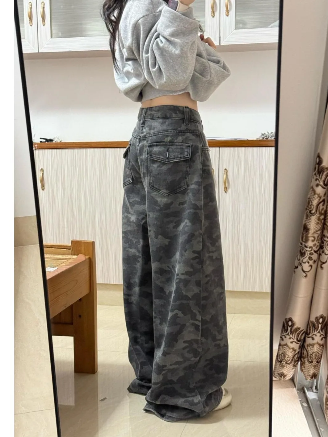 American Style Camouflage Grey Retro Draped Denim Pants Women's Wide Leg Spring Summer High Waist Loose Design Sense Straight...