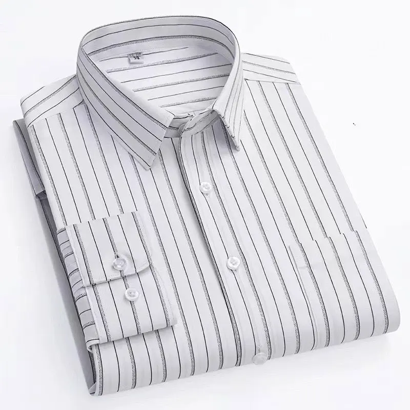 5XL Spring and autumn new men\'s social striped long-sleeved shirt daily business light luxury free perm breathable slim big size