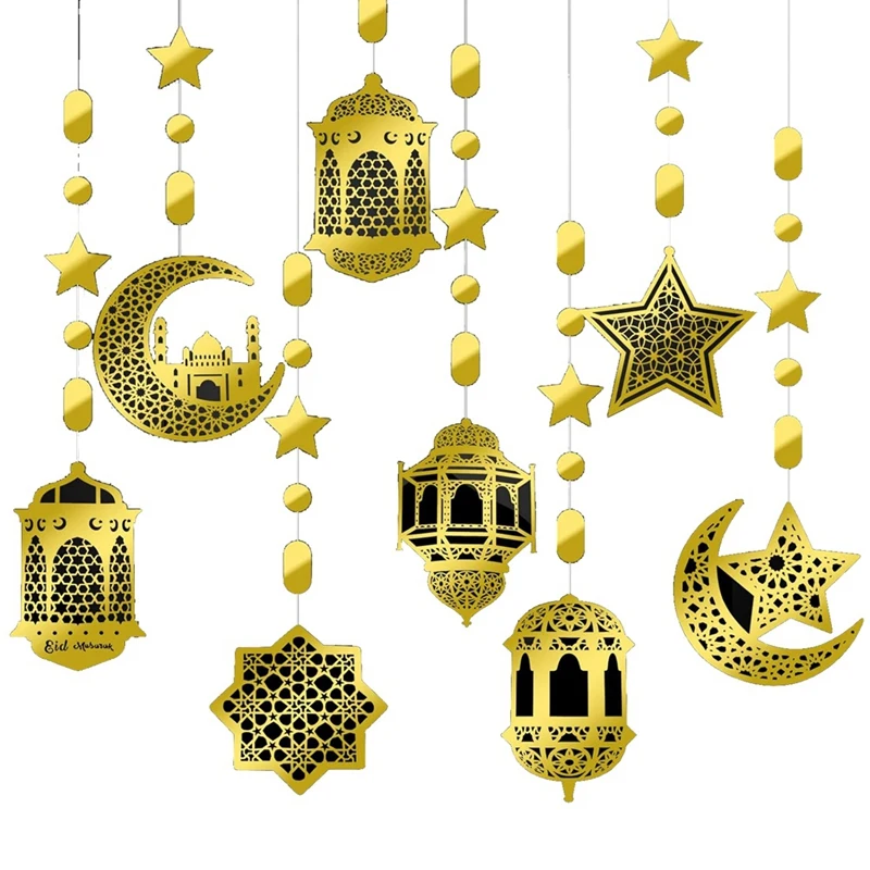 24 peças banner de festa estrela islâmica lua lanterna ramadan guirlanda eid decoração streamer ramadan mubarak festa banner, ouro