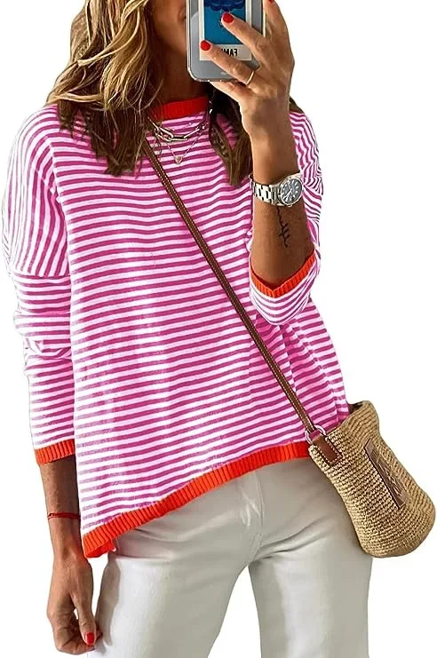 Striped Sweater Pullover Women Autumn Spring Simple Knit Elastic Pullovers Jumper Casual Thick Warm Black White Basic Jumpers