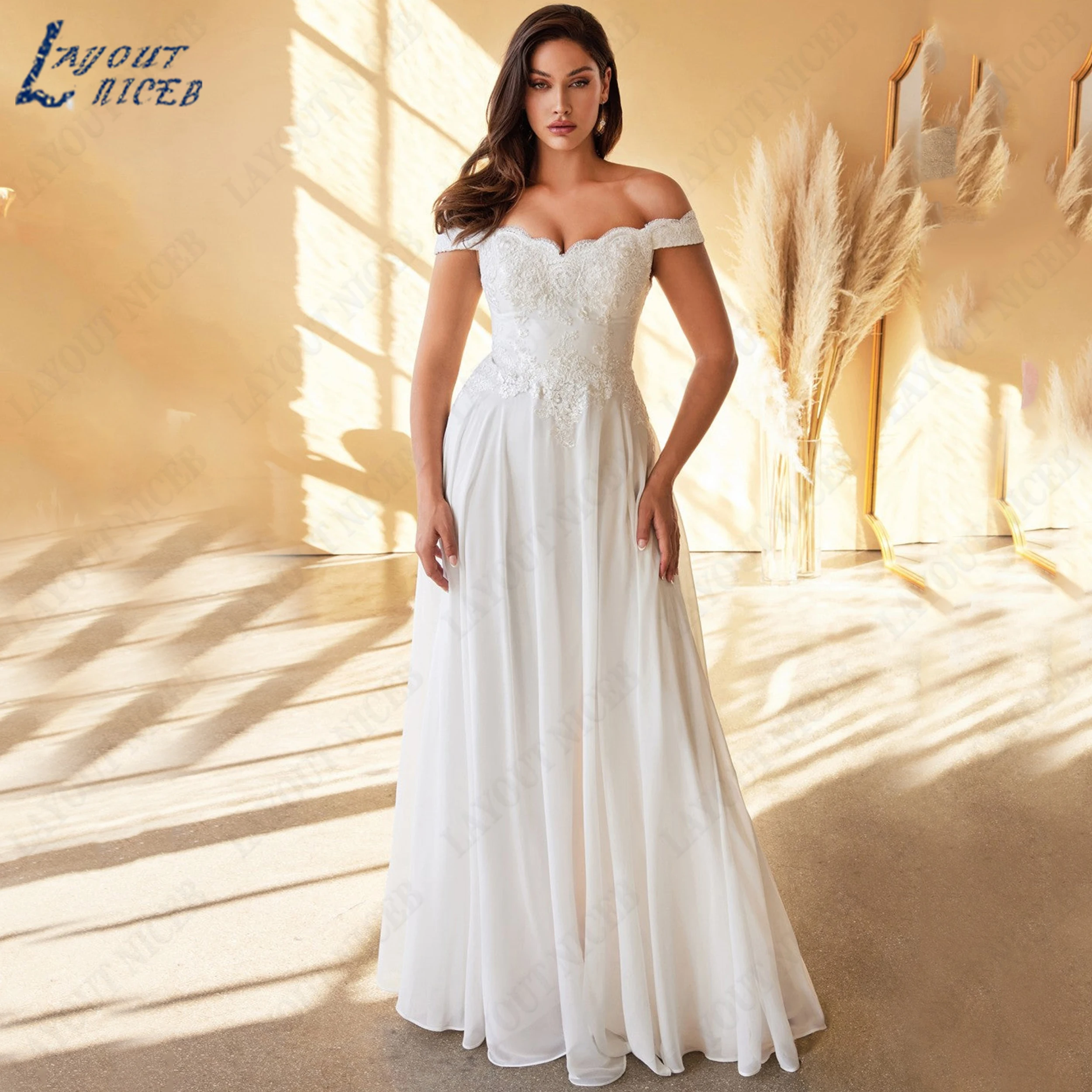 LAYOUT NICEB Customized A-Line Plus Size Bridal Gown Chiffon Boat Neck Wedding Dress Off The Shoulder Gowns For Bride Women