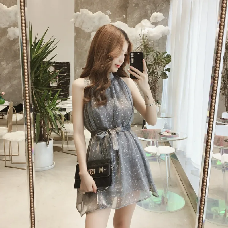 

Women's Halter Neck Sequins Dress Sleeveless Chiffon Lace-Up Loose Dress Waist Tie A Line Mid-length Skirt