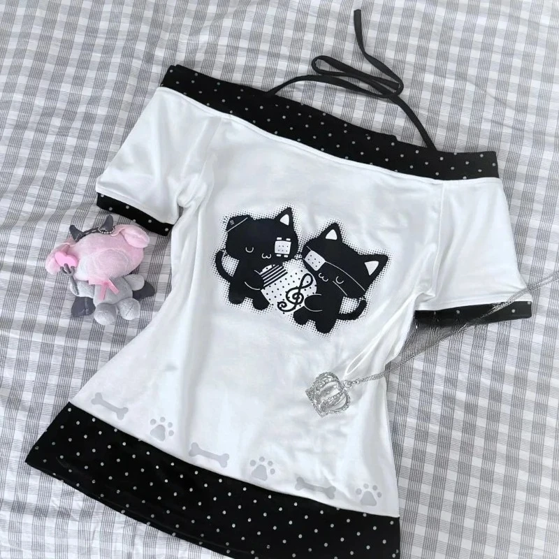 Y2k Subculture Slash Neck Off Shoulder T-shirts Women Design Casual Short Sleeve Loose Tees Female High Street Summer Outfits