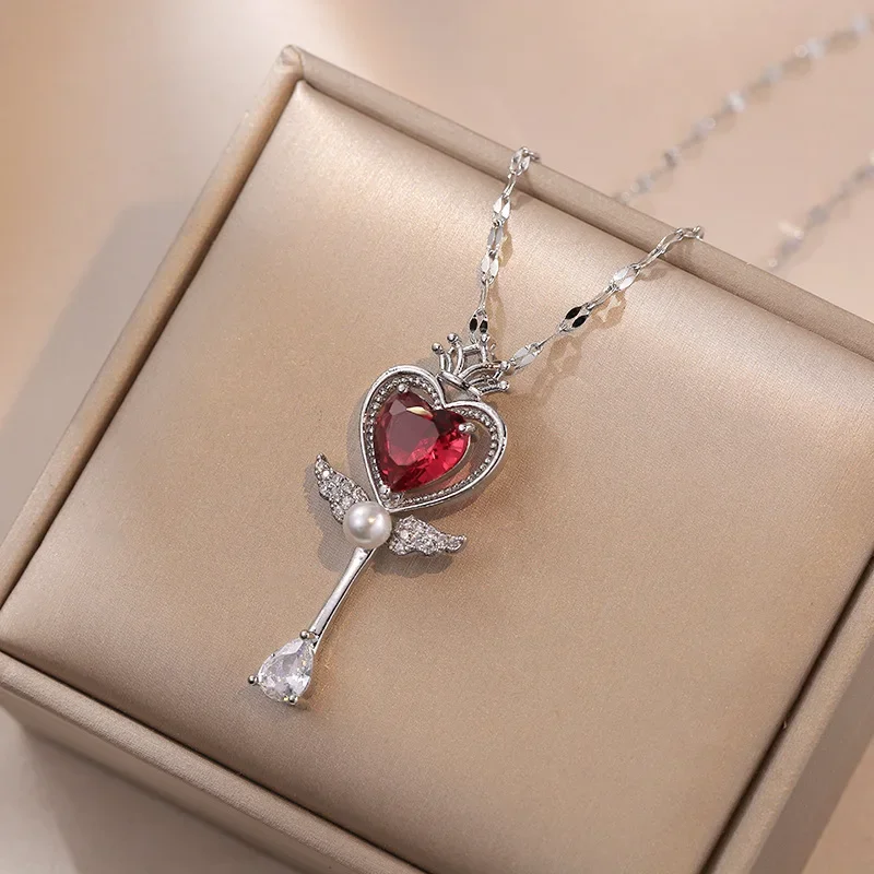 

Fashion red zircon cute magic wand love heart stainless steel necklace for women