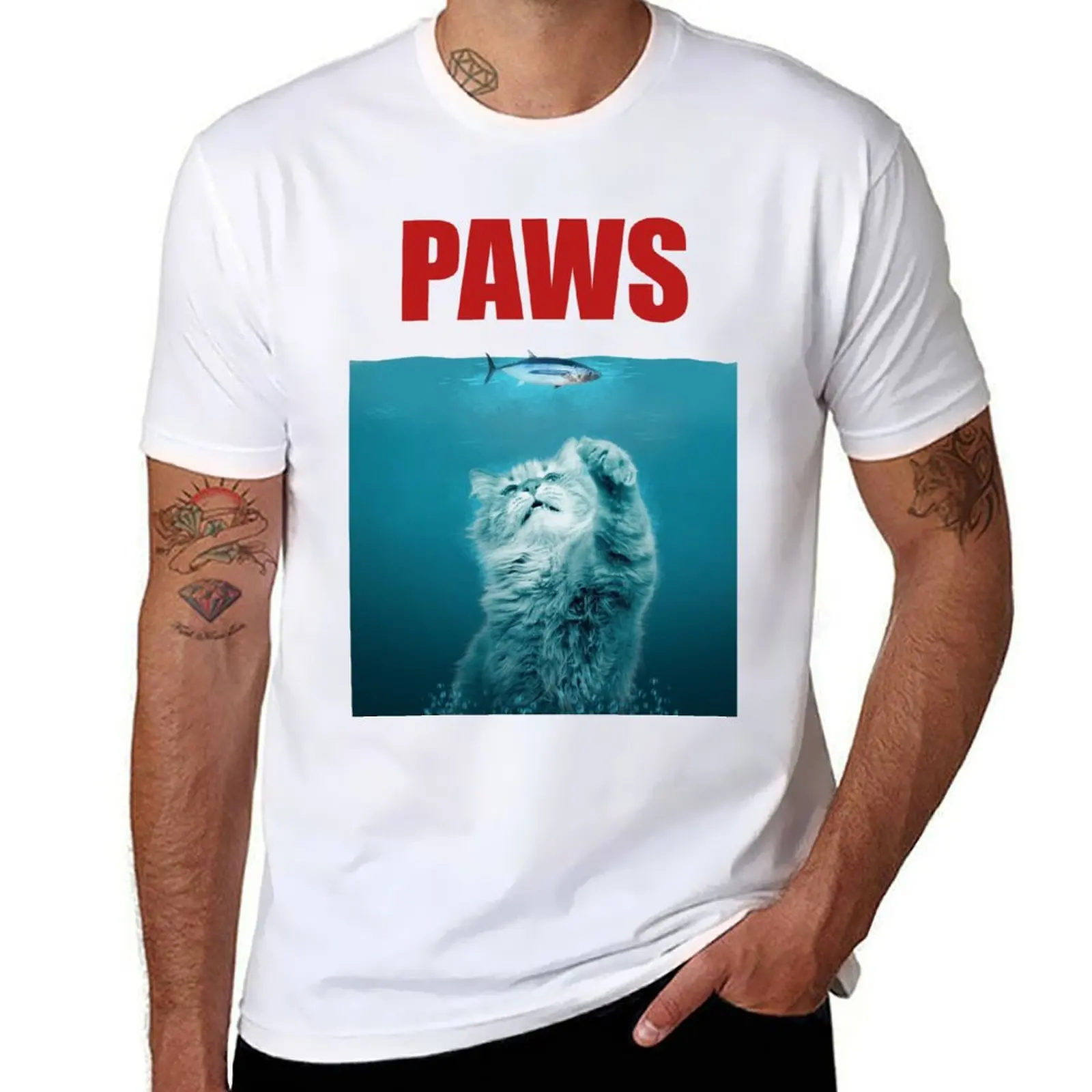 

shirts t pack White - T-Shirt t PAWS Cat cotton On and Tuna prints Parody with shirt