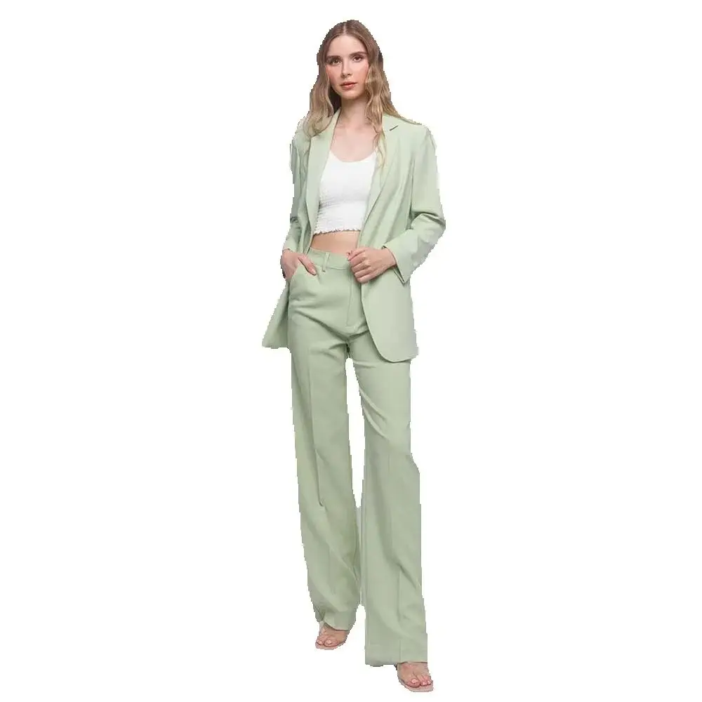 Elegant Light Green Suis for Women Notch Lapel 2 Piece Jacket Pants Female Clothing SLim Fit Smart Office Lady Blazers Sets