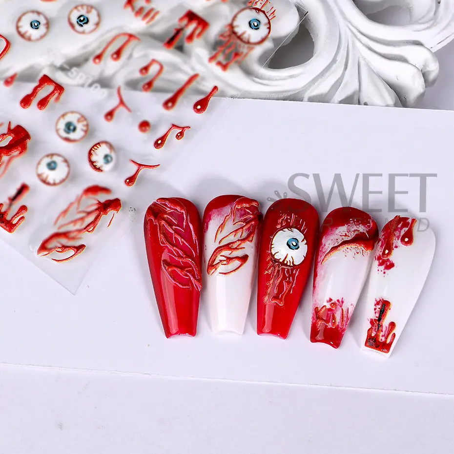 5D acrilico Nail Sticker Halloween Ghost Skull Blood Drips Lip Design Decal Spider Witch Pumpkin Nail Art decorazione Manicure fai da te