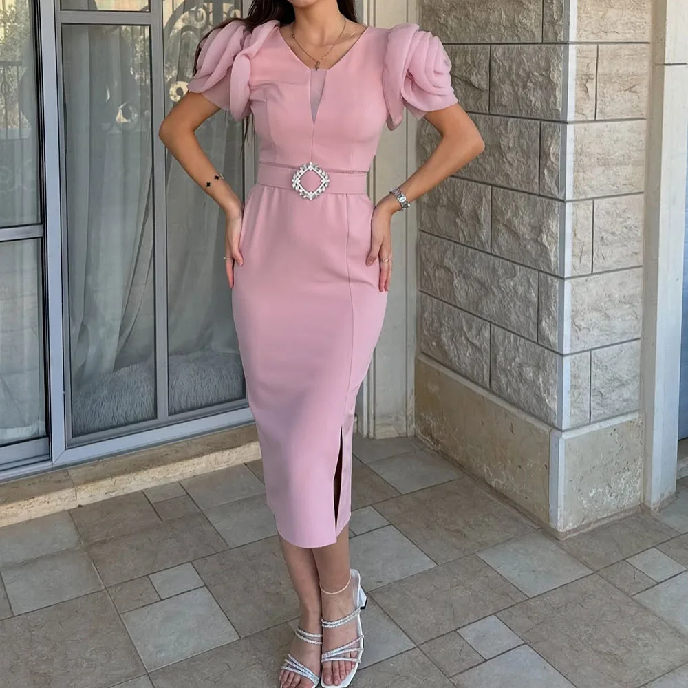 

Customized Straight Evening Dresses Tea-Length V-Neck Sleeveless Prom Gown Fashion Crystal Sashes Side Split Casual Party Gown