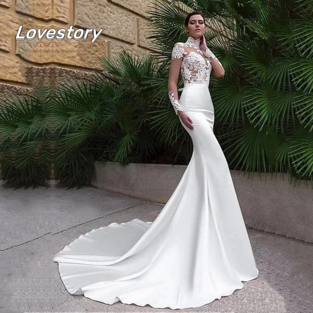 หรูหราที่กําหนดเองชุดแต่งงานคอสูง Mermaid เจ้าสาว Robe แขนยาวชุดเจ้าสาวคลาสสิก Elegant Vestidos De Noiva