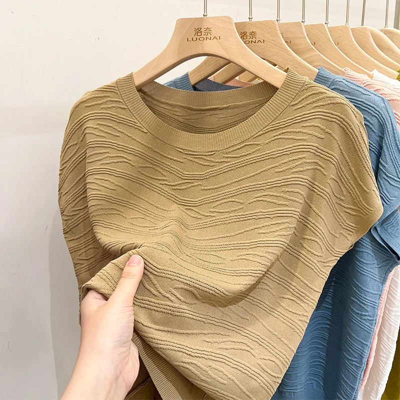 حجم كبير المرأة فضفاضة التخسيس الجولة Ne الجليد الحرير ort Sve تي شيرت صيف جديد Sle Batwing Sve العصرية #2