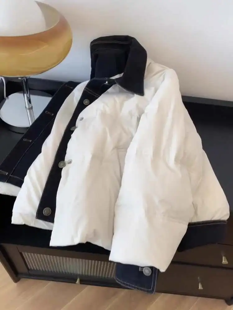 

plus Size Korean Sle Denim Patchwork Fake Two-Piece Warm Cotton Jaet Women's Winter High-End Slimming Faionable Outerwear