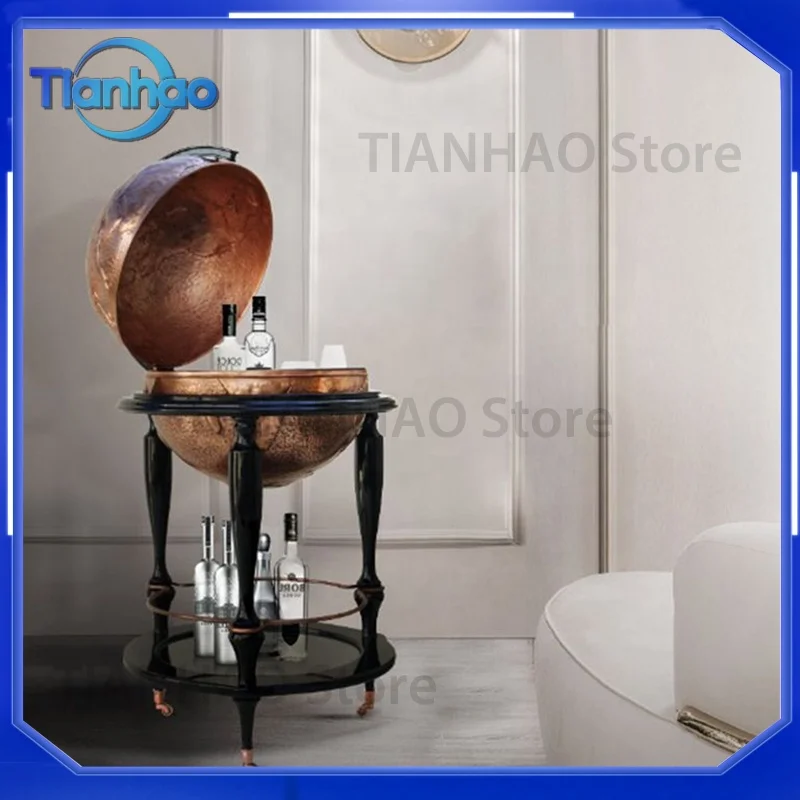 Luxury Small Wine Cabinet and Wine Rack with Pure Copper and Solid Wood Spherical Round Trolley for Designer Creative Art