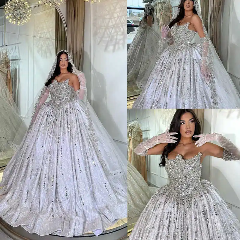 

Luxury Ball Gown Wedding Dresses Beaded Crystal Sequined Lace Bridal Gown Plus Size Formal Occasion Vestidos De Novia Customized