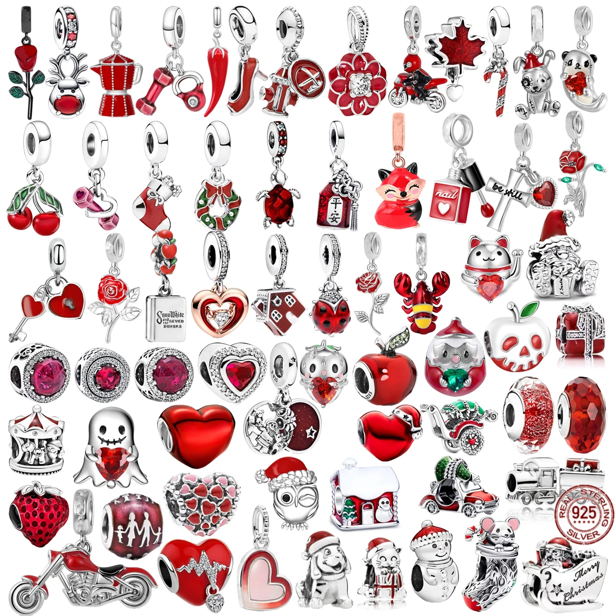 Hot Sale Red Series 925 Sterling Silver Strawberry Heart Christmas Pendant Charm Beads Fit Original Pandora Bracelet DIY Jewelry