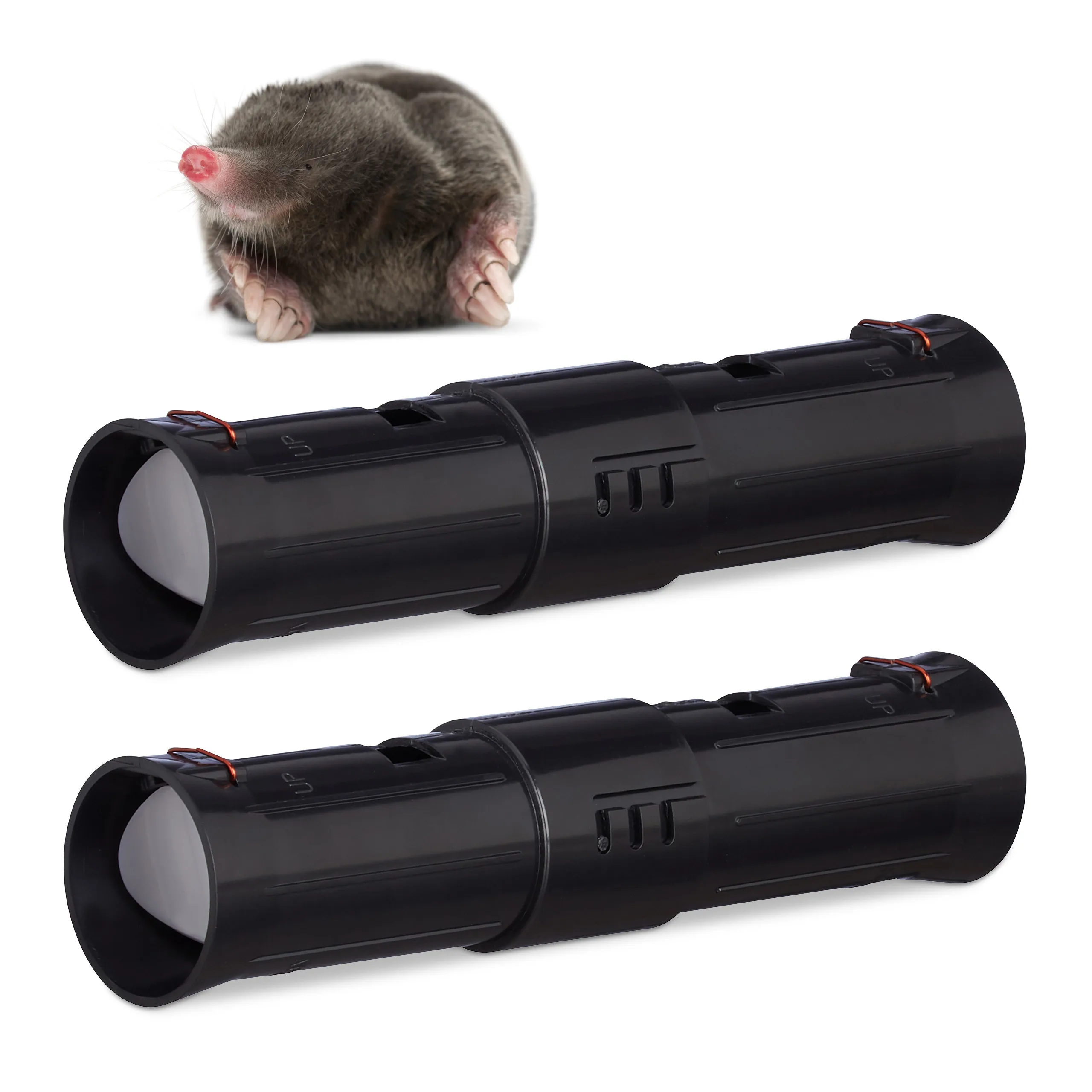 Set di 2 trappole per talpe, con 2 aperture di controllo, per la cattura viva delle talpe in modo rispettoso per gli animali, in plastica, colore nero, regolabile da 25 a 27 cm, Relaxdays.