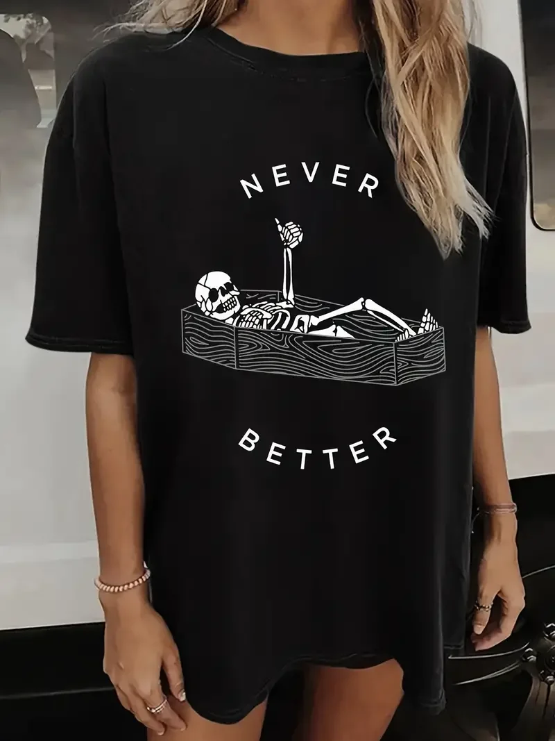 Never Better Print Crew Neck Women T-Shirt Casual Short Sleeve T-Shirt Women Ins Fashion Trend Couple Versatile Loose Y2k Top