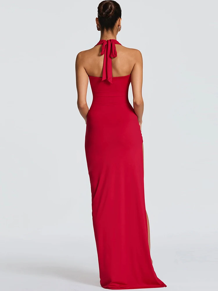 Weird Puss Elegant Swing Collar Maxi Dress Women Elegant Ruched Halter Backless Deep V-Neck Sleeveless Trend Sexy Slit Bodycon