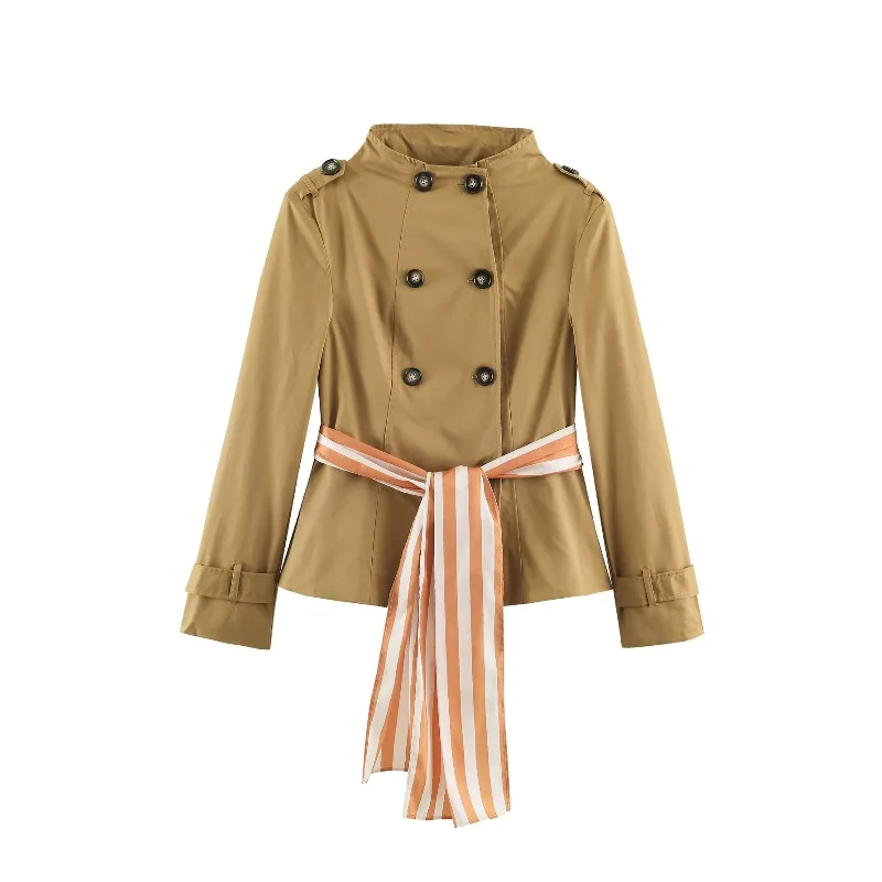 Guobioziy British Style Short Double Breasted Stand Collar Jacket with Scarf Decoration Elegant Classy Streetwear for Women