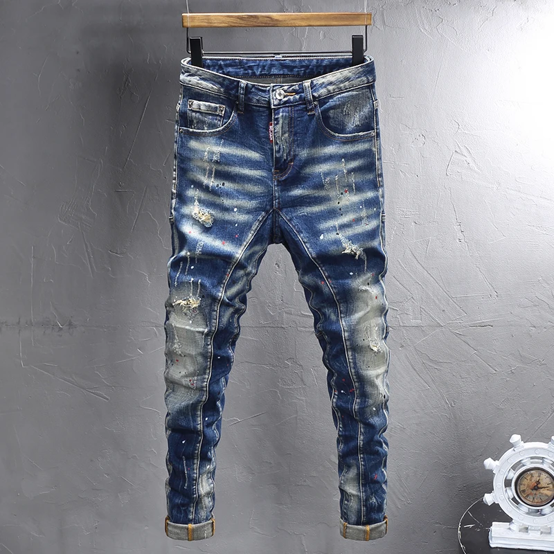 Street Designer Fashion Men Jeans Retro Blue Stretch Slim Fit Spliced Ripped Jeans Men Y2K Painted Vintage Denim Pants Hombre