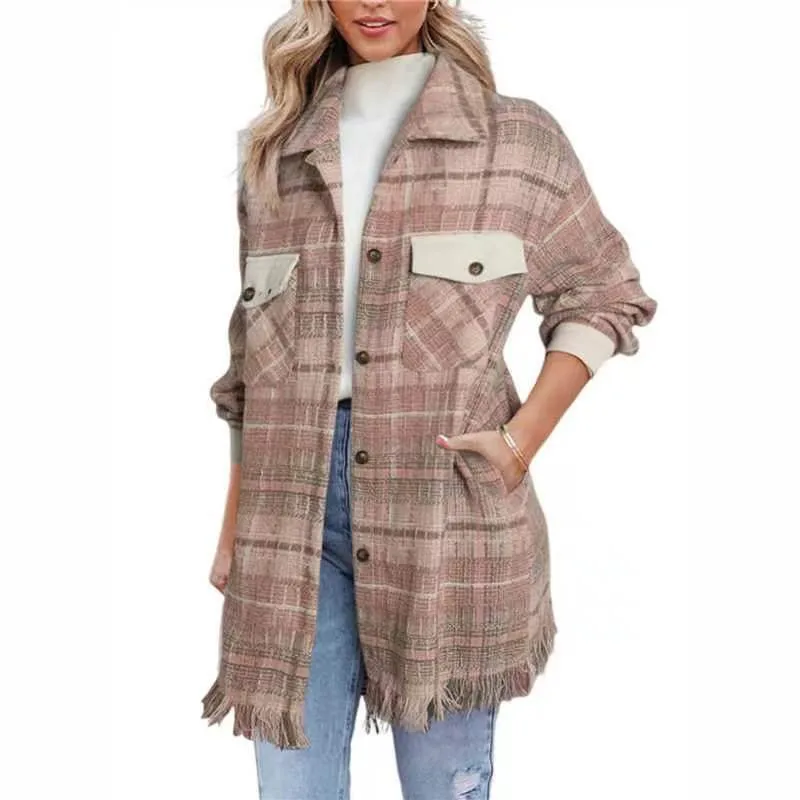 Women's checked wool lapel jacket, long sleeve shirt, single breasted, fringe