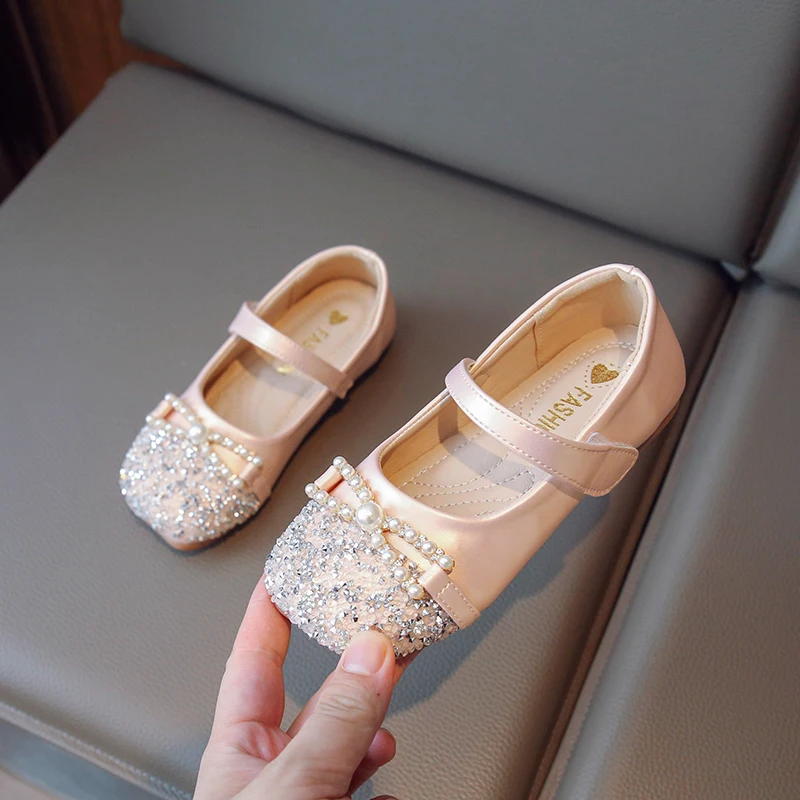Toddler Girls Leather Shoes with Shiny Beaded Bow 2025 New Autumn Kids Mary Jane Ballet Flats Soft Sole Elegant Party Daily Wear