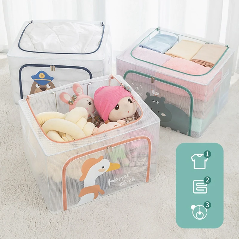 66L Clothes Storage Box Foldable Closet Organizer PVC Transparent Metal Frame Sorting Luggage Container