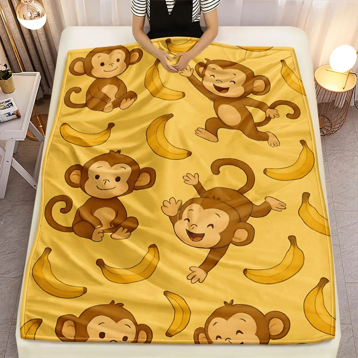 Monkey Banana Pattern Fleece Blanket Cartoon Animal Design Yellow Background Soft Cozy Throw for Kids Playroom Decor