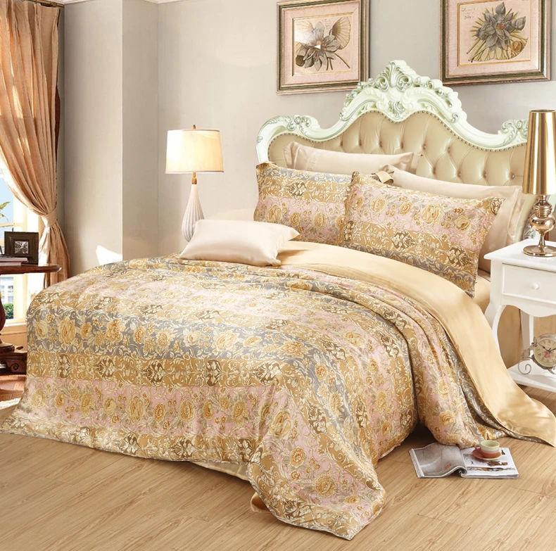 European style multicolor satin silk bedding set duvet cover Luxurious mulberry silk bedding set