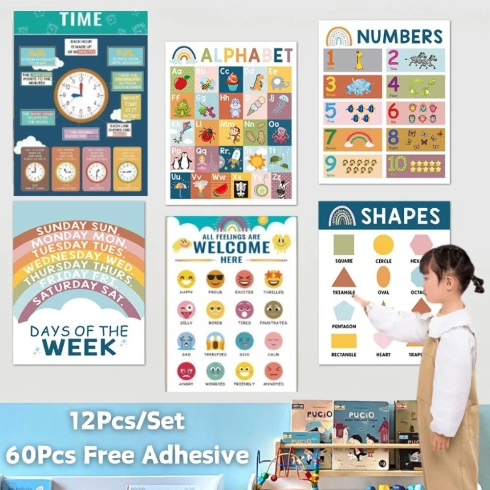12pçs gráfico educacional boêmio, número do alfabeto, adesivo de parede educacional precoce, mês, cor, clima, educação pré-escolar, pôster