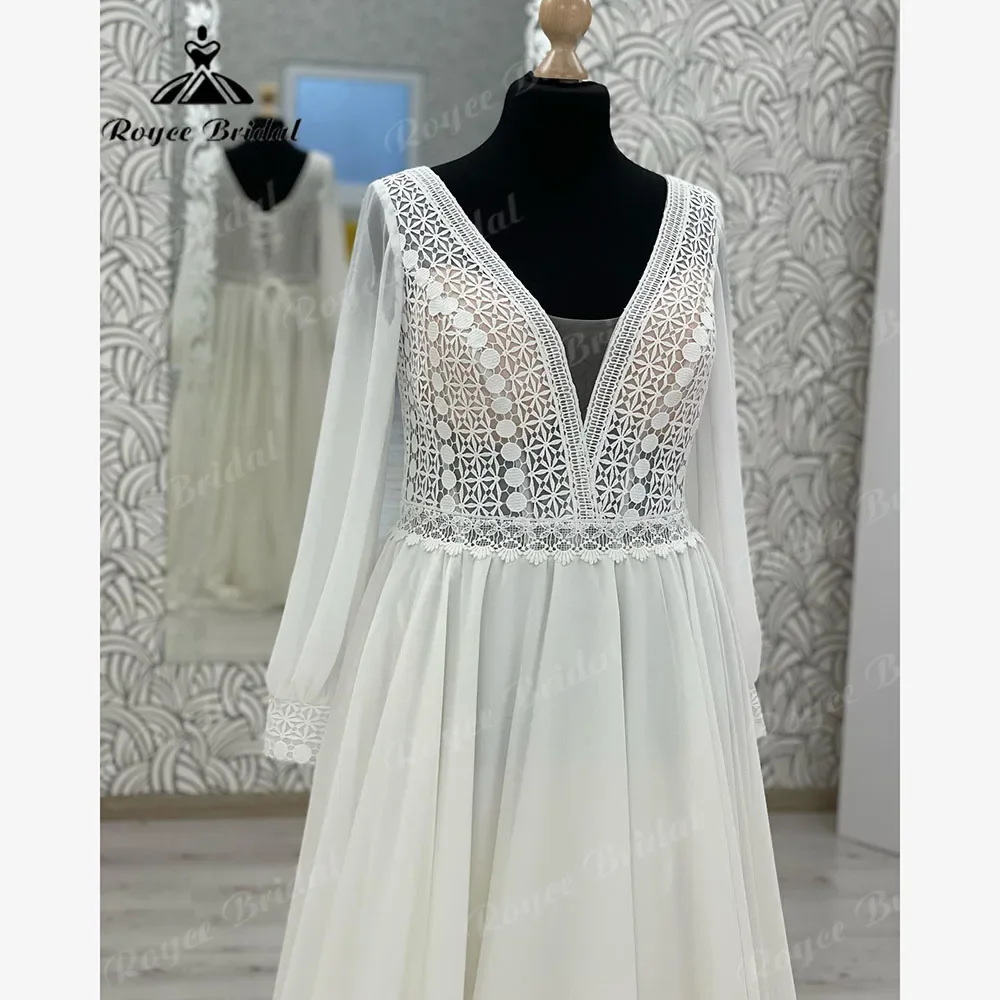 Modest V Neck Long Sleeve Lace Chiffon Boho Wedding Dress for Women 2025 Bridal Gown Lace Up Back vestidos de novia bohemio