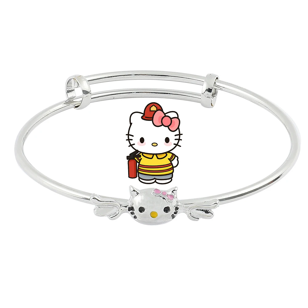 Anime Sanrio Hello Kitty Bangle Cute Cartoon Figure Kitty White Metal Badge Bangle Bracelet Kawaii Jewelry Accessories