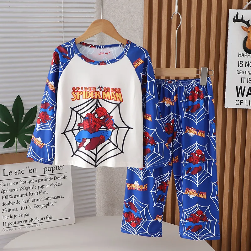 Nuevos pijamas de primavera para niños, ropa de moda para el hogar, pijamas con estampado de Spider Man de dibujos animados, pantalones de manga larga