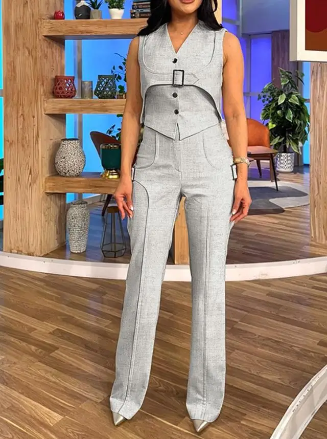 

Two Piece Set Women Outfit 2025 Spring New Sleeveless Button Front Buckle Design Vest & Casual High Waist Slim Fit Pants Set