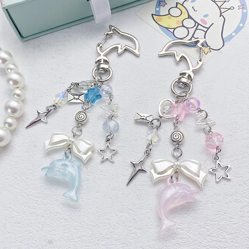 Criativo frisado chaveiro doce legal estrela golfinho pingente chaveiro moda charme carro chaveiro requintado mochila decoração presentes