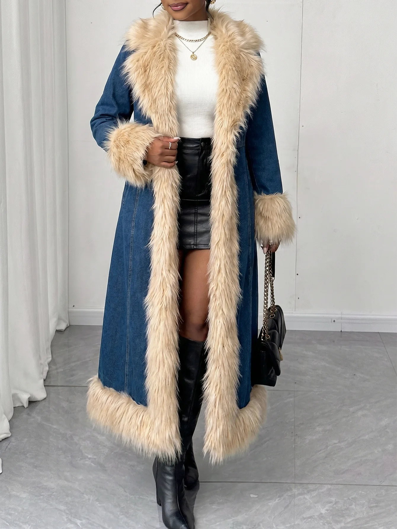 Winter best-selling European-style denim retro-style coat fluffy fabric fashionable women's outerwear trendy fashionable sexy